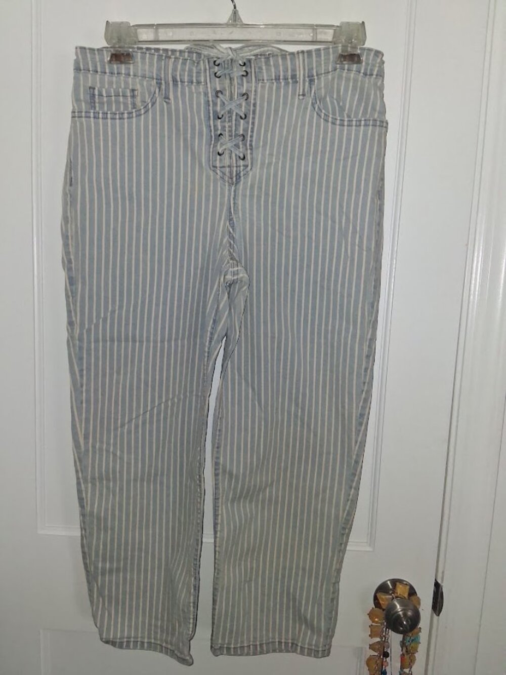 Frayed Jeans Blue White Striped Lace Up Hi Rise Straight Crop Jeans Sz 14